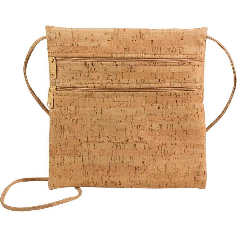 Cork Cross Body Bag Double Zipper Pockets Adjustable Strap Lightweight Eco-Frien